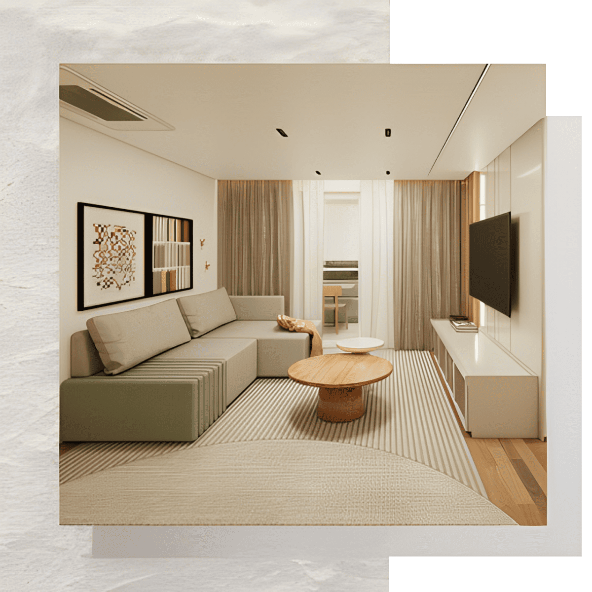 Sala de estar moderna com sofá verde e bege